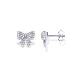 PAVOI Rhodium Plated Mini Bow Earrings for Women with Cubic Zirconia | Coquette Earring Pair