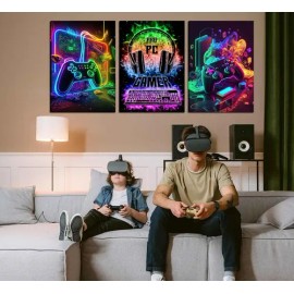 3 Cuadros Gamer Neon Videojuegos Habitacion Canvas Arte Gaming                                                                                        