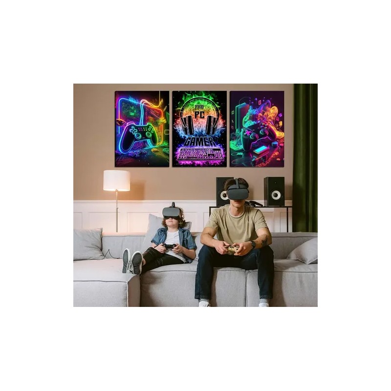 3 Cuadros Gamer Neon Videojuegos Habitacion Canvas Arte Gaming