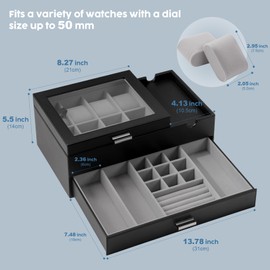 Dajasan Watch Box, Watch Case for Men, 8 Slot Watch Display Case, Large Watch Holder Organizer, Sunglass Storage Organizer for Watch, Ring, Jewelry, Gift Idea, PU Leather (Black)