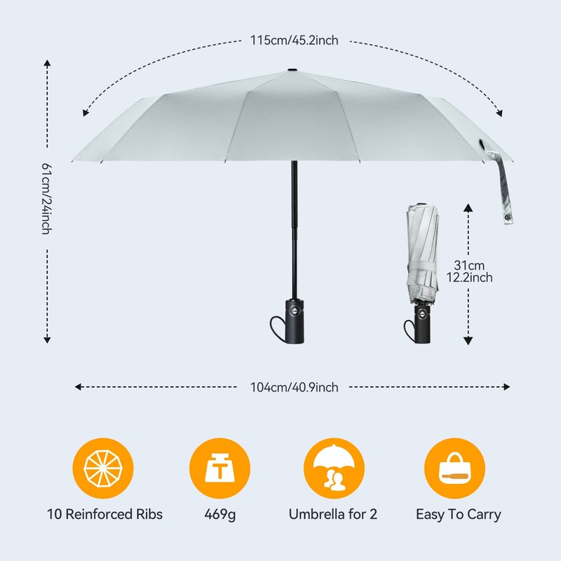 TechRise Umbrella Windproof Travel Umbrella: 10 Ribs Automatic Compact Strong