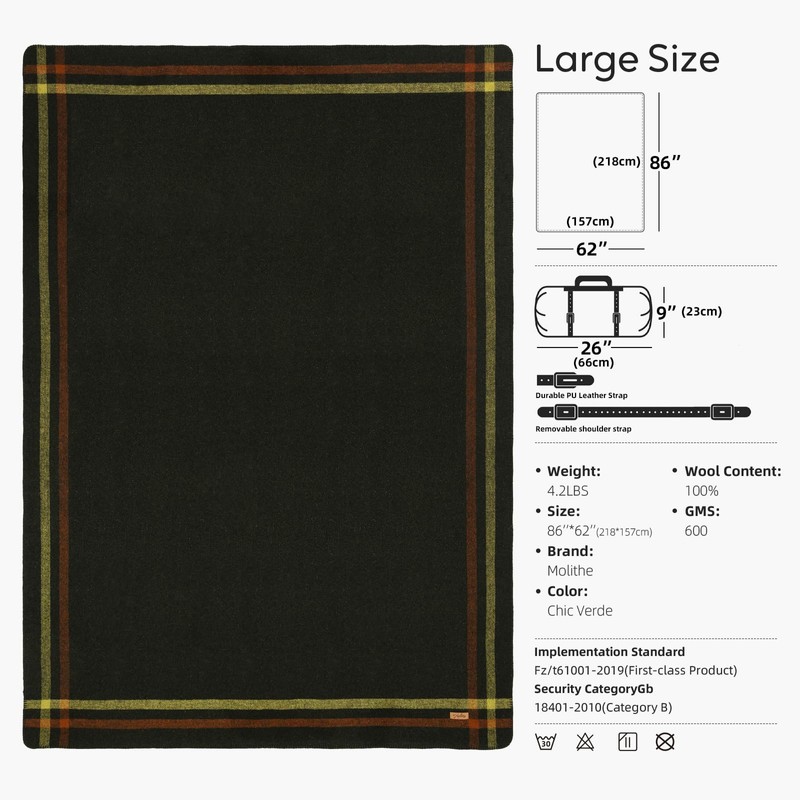 Molithe 100% Wool Blanket, 62" x 86", Warm, Thick, Washable,