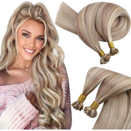 Sunny Hair Flat Tip Hair Extensions Human Hair Remy Keratin Fusion Hair Extensions Real Human Hair Extensions for Women 50G/50S Warm Ash Blonde Highlight Bleach Blonde 18inch