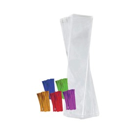 Purple Q Crafts Clear Plastic Cellophane Bags with 4" Colored Twist Ties for Gifts Party Favors (2"x10" 100 Pack)