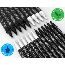 TOOLI-ART Black And White Acrylic Paint Markers Paint Pens Set For Rock Painting, Canvas, Mugs, Metal, Glass Paint, Fabric, Wood, DIY. Non Toxic, Quick Dry,Waterbas (EXTRA FINE & MEDIUM)