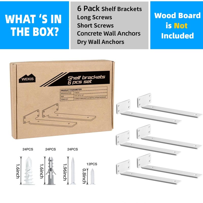 Shelf Brackets, Heavy Duty Floating Shelf Brackets 8-Inch Long, 6-Pack