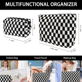 2Pcs Makeup Bag for Women Checkered Cosmetic Bag Set Travel Toiletry Bag Makeup Pouch Cute Makeup Bag for Purse Zipper Storage Bag Brushes Aesthetic Accessories Girls Car Essentials Bag(Black)