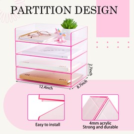 Harloon 4 Tier Acrylic Paper Tray 12.4 x 8.7 x 2.7 Inches Stackable Letter Clear Organizer No Need to Assemble Acrylic Paper Organizer File Tray for Office Workspace Desktop Storage(Transparent Pink)