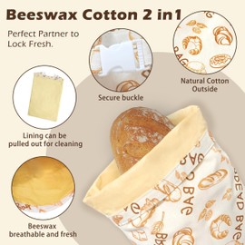 Reusable Beeswax Bread Bags for Sourdough -Extra Large Natural Beeswax Cotton Bags for Homemade Sourdough Bread,Fresh-Keeping, Double-Thick, 2 Pack, 12x17in(Food Motif)