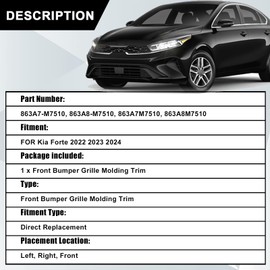 SecosAutoparts 2PCS Bumper Grille Molding Trim Front Left & Right Side Compatible with Kia Forte 2022 2023 2024 Replace# 863A7-M7510, 863A8-M7510 Front Bumper Grille Molding Trim