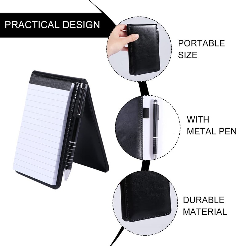 Mini Pocket Notebook, A7 Leather Notebook with Metal Pens, Holder
