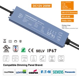12VDC 200W 0/1-10V&TRIAC Dimmable UL-Listed Waterproof IP67 Thinner Power Supply 110V to 12V Low Voltage Transformer Adapter for IP68 LED Strip Lights, Outdoor Underwater, Wash Wall, Fountain Lights