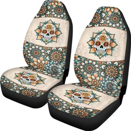 ZIATUBLES Car Accessories Car Seat Covers Front Cushion and Backrest Bohemian Floral Skull Print Breathable Fit Most Sedans 2 Pack