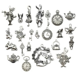 40pcs Antique Silver Alice in Wonderland Fairy Tales Tea Party Steampunk Victorian Necklace Bracelet Charms (M077)