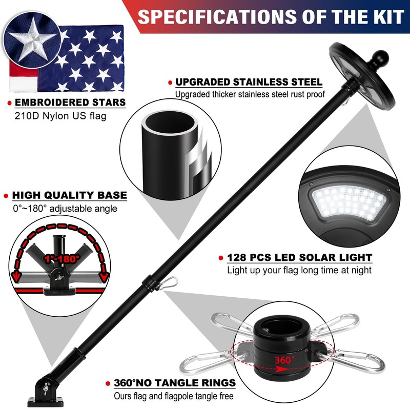 Delux American Flag with Pole and Solar Light Kit, 6