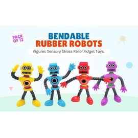 AMERICAN WIT Cool Colorful Bendable Flexible Rubber Robots (4") Figures Sensory Stress Relief Fidget Toys. Great Party Favor (24 Pack)