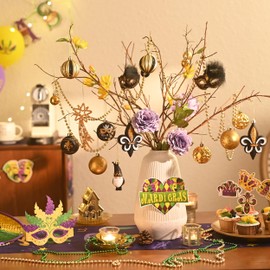 DecorbyHannah 40ct Mardi Gras Decorations Ornaments, Ramadan Decorations for Home, Black Gold Tree Ornaments with Carnival Masks and Mardi Gras Beads, Shatterproof Ornaments for Masquerade Party