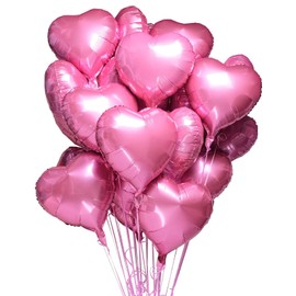Moguri Pack of 12 18 Inch Pink Heart Balloons, Includes 1 White Bow & 1 Straw, Foil Balloons for Wedding, Birthday, Valentine's Day, Baby Shower and Party Decoration