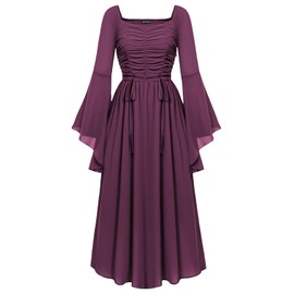 Women Goth Witch Dress Pirate Cosplay Bell Sleeve Smocked Back Long Dress Purple M