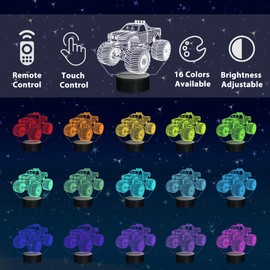 Ammonite Monster Trucks Night Light, Monster Trucks Pica 3D Illusion Lamp for Kids, 16 Colors Changing with Remote Control & Timer, Creative Birthday Xmas Gifts for Kids Boys Bedroom Decor