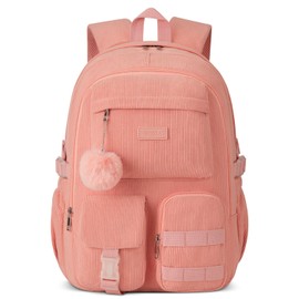 School Backpack for Teens Girls, Large Corduroy Bookbag Lightweight 15.6 inch Laptop Bag for Women Elementary Middle High School College Backpacks Students Travel Daypack - Pink