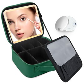 Travel Makeup Bag with LED Lighted Mirror,Cosmetics Organizer, with 3 Color Lighted Setting, with Adjustable Brightness Vanity Mirror and Detachable 10x Magnifying Mirror Travel Makeup-Dark green