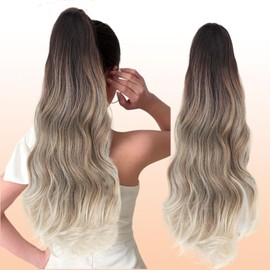 Webshaiy Ponytail Extension, Ponytail Hairpiece, Long Wavy Ponytail Braid Extension, Synthetic Hair Extensions, Claw Clip-In Hairpiece, Ponytail for Women, 55 cm, Ombre Brown, White, Blonde