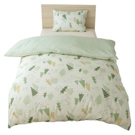 Merry Night Duvet Cover "Nordic Tree/Gingham Check" Green, Single Long, Approximately 59.1 x 82.7 inches (150 x 210 cm), Reversible, Both Sides Usable, 8 Snap Buttons on the Inside for Easy Attachment
