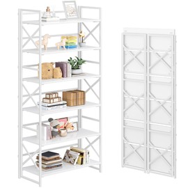 4NM 6 Tiers No Assembly Book Shelves, White Folding Bookshelf Bookcase Open Industrial Foldable Shelves for Bedroom, Living Room, Home Office - All White