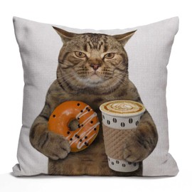 Tomda Cushion Cover The Cat Holds a Cup of Coffee and Orange Glazed Donut Cotton Linen Square Throw Pillow Case Standard Pillowcase for Men Women Home Decorative Sofa Armchair Livingroom 45x45cm