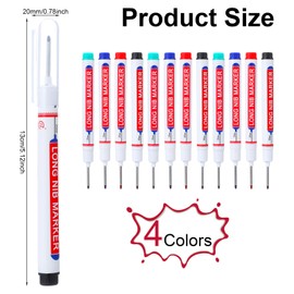 12 Pack Long Nib Marker Long Head Deep Hole Marker Pens Quick Dry Waterproof Colorful Carpenter Pen Markers for Construction Woodworking Decoration, 4 Colors