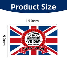 1Pcs Ve Day 80th Anniversary Flag 2025 5ft x 3ft,VE Day 80th Anniversary Decorations Ourdoor Waterproof Flags Patriotic Decorations for Memorabilia 80 Years Victory In Europe RAF WW2 1945 UK (Color 2)
