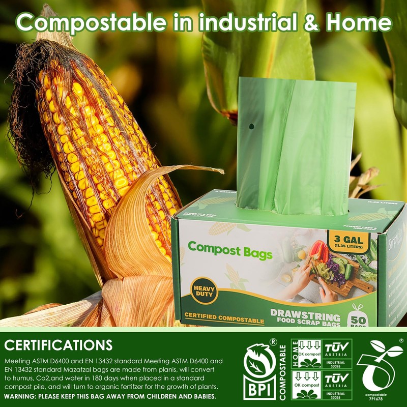 3 Gallon Compostable Trash Bags with Drawstring, Heavy Duty Extra