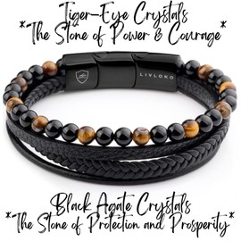 LIVLOKO Mens Bracelet Leather Black Multi-Layer Bracelet for Men Magnetic Clasp Rope Wristband Mens Gift for Boyfriend (Small 18-20cm, A. 19-22cm Black Leather Tiger-Eye Adjustable)