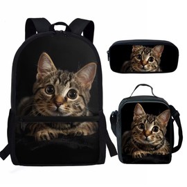 HUGS IDEA Funny Cat Print 3Set School Backpack for Girls Boys Kids Preschool Backpacks Kindergarten Bookbag with Lunch Box Pencil Case 3 in 1