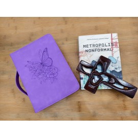 NULAOBA Large PU Leather Bible Cover Bible Carrying Case with Handle&Zippered Debossed Butterfly Rose Floral Bible Cover Case for Women(Purple)