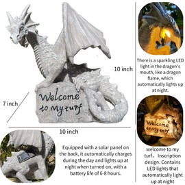 Jy.Cozy Garden Large Dragon Statue Solar Powered Outdoor Figurine Light The Dragonfire Welcome to My Turf Sign Big Resin Sculpture Home Decoration Housewarming Ornament Unique Gift