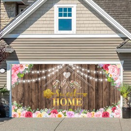 16X7FT Housewarming Party Garage Door Cover Decorations, Rustic Wooden Pink Floral Gold Key Sweet Home Garage Buddy Backdrop Background, House Warming Party Decor Outdoor Banner