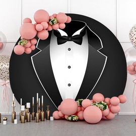 YongFoto Gentleman Black Tuxedo Round Backdrop Cover 4ft Black White Bow Tie Suit Photography Background Boy Man Father Bridegroom Birthday Wedding Baby Shower Party Dinner Decor Photo Booth Props