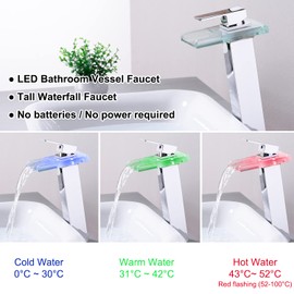 Rzoeox LED Bathroom Sink Faucet, Tall Vessel Sink Faucet Waterfall Single Handle 1 Hole and 2 Water Supply Lines, Brass Faucet with Open Glass Spout