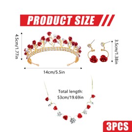 3Pcs Red and Gold Rose Jewelry Set - Bridal Tiara, Necklace, Earrings for Wedding/Pageant/Prom | Princess Rhinestone Crown Set with Floral Design | Gift-Ready Costume Jewelry