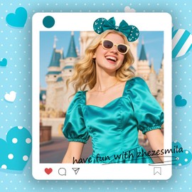 zhezesmila Satin Mouse Ears Headband for Women & Girls with Double-layer Bows Shiny Pearl Rhinestone Ears Hairband for Party & Vacation