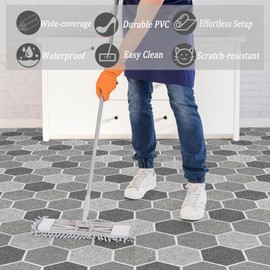 Oxdigi Vinyl Flooring Roll 19 sq.ft | 24" W x 118" L, Hexagonal Marble Peel and Stick Floor Tiles Waterproof for Bathroom, Kitchen, RV, Easy to Install Heavy-Duty Vinyl Floor Covering, Grayscale Tile