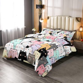 Tabeskly Kids Girls Cartoon Cat Cute Soft Zipper Bed Bedding Duvet Cover Set Double Multicolor 200×200cm