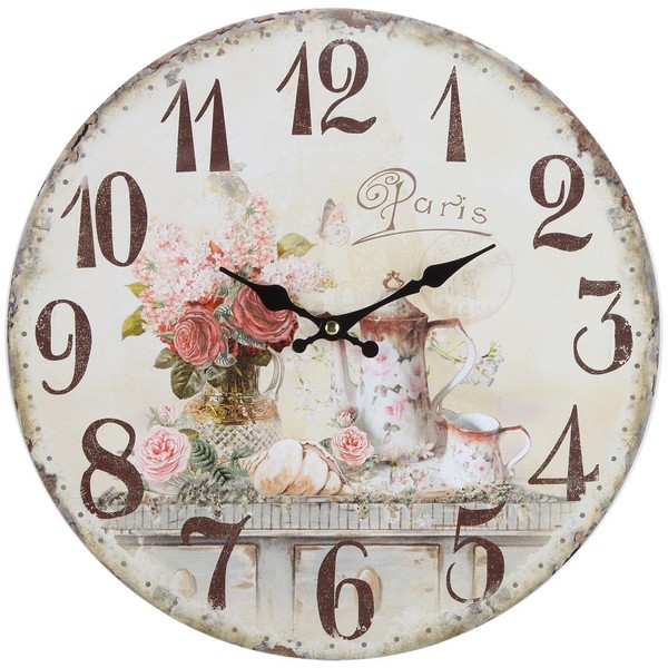 Lily's Home Vintage French Kitchen Wall Clock, Crafted with a Beautiful Distressed Design and French Tea Time Illustration (13 Inches)