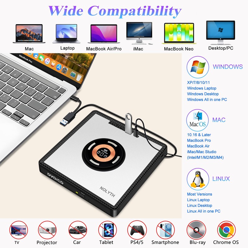 NOLYTH External CD Drive for Laptop: with 15W Wireless Charger