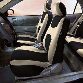 FH Group Automotive Seat Covers Light & Breezy Flat Cloth Three Row Set Beige Combo Steering Wheel Cover & Seat Belt Pads, Airbag and Split Rear Universal Fit Interior Accessories Cars Trucks SUV