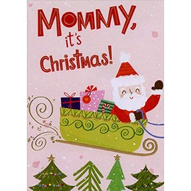 Designer Greetings Cute Santa Flying in Green and Gold Sleigh Juvenile Mommy Christmas Card from Child : Kid