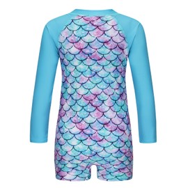 Big Girls One Piece Swimsuits for Girls Long Sleeve Bathing Suit Sun Protection Rash Guard with Front Zipper Aqua Blue Mermaids Size 10/8-10 Years