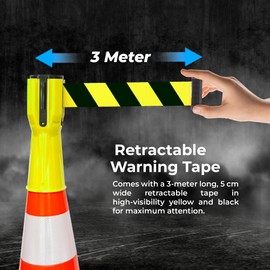 Retractable Traffic Cone Topper Tape - 3 Meter | Yellow Cone Belt Barrier Tape for Cones | Cone Mountable Emergency Warning Belt | High Visibility Yellow Retractable Topper for Traffic Cone